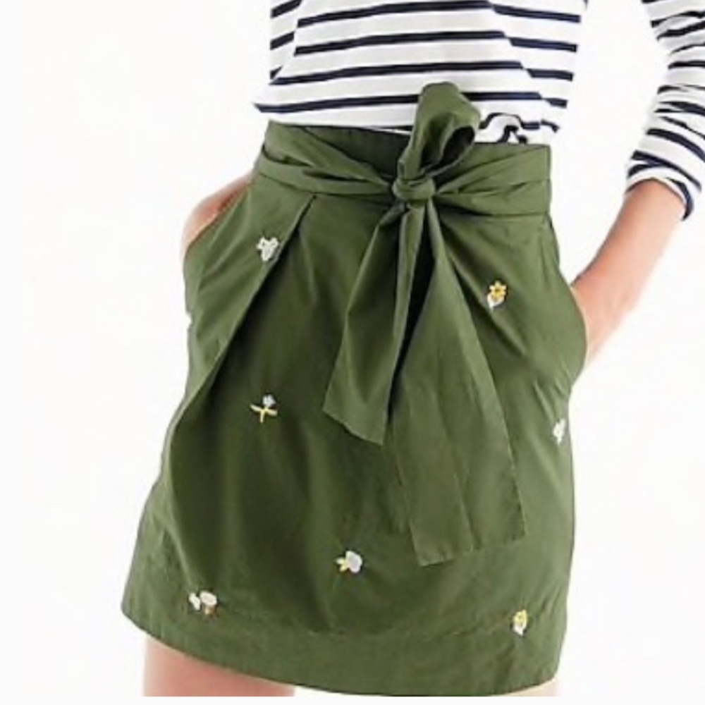 J. Crew Green Floral Embroidered Tie Skirt NWT